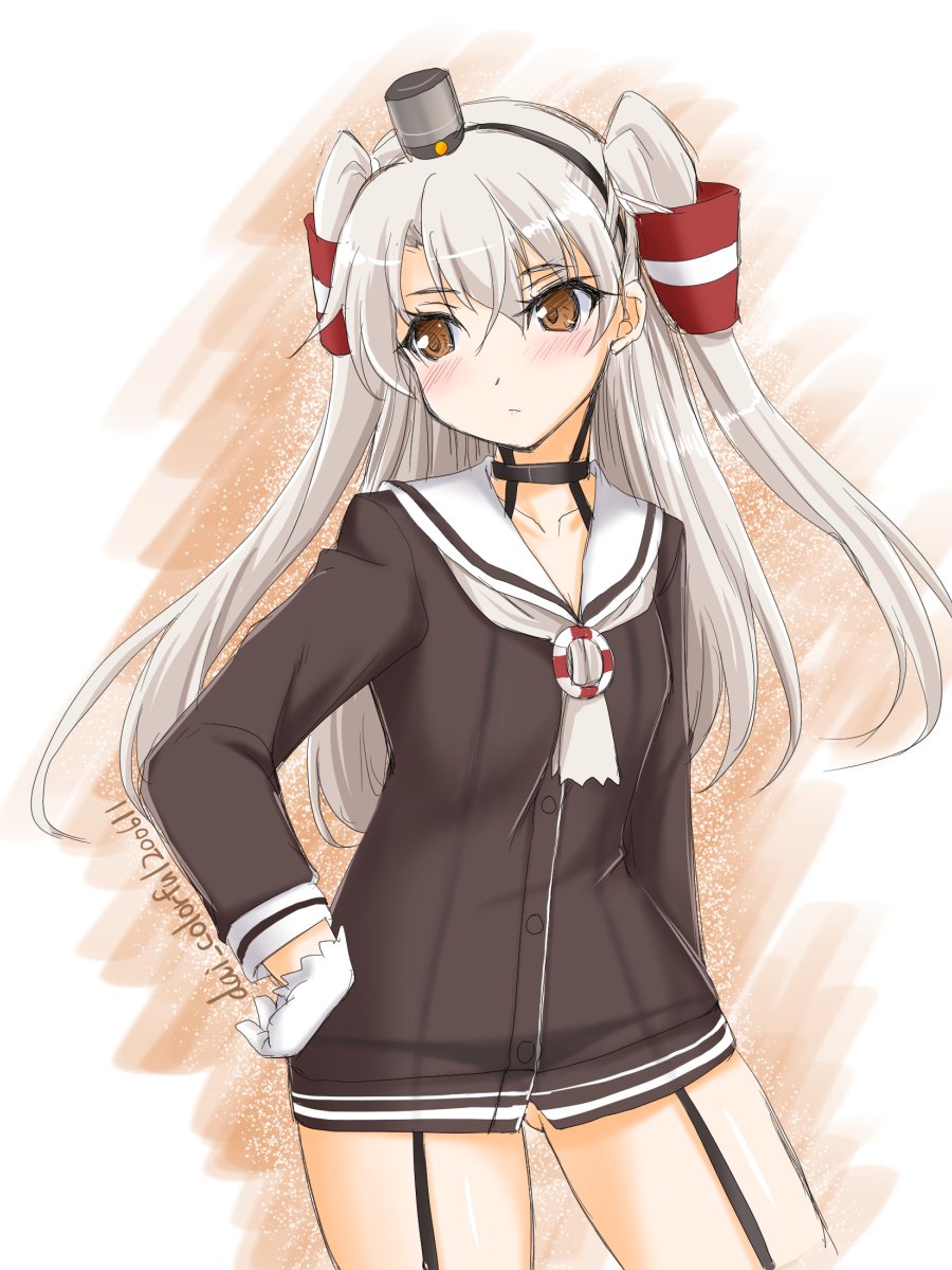 1girl akimoto_dai amatsukaze_(kantai_collection) black_panties brown_dress brown_eyes commentary_request cowboy_shot dated dress garter_straps gloves hair_tubes highres kantai_collection lifebuoy long_hair looking_to_the_side panties sailor_dress see-through short_dress silver_hair single_glove smokestack_hair_ornament solo twitter_username two_side_up underwear white_gloves windsock