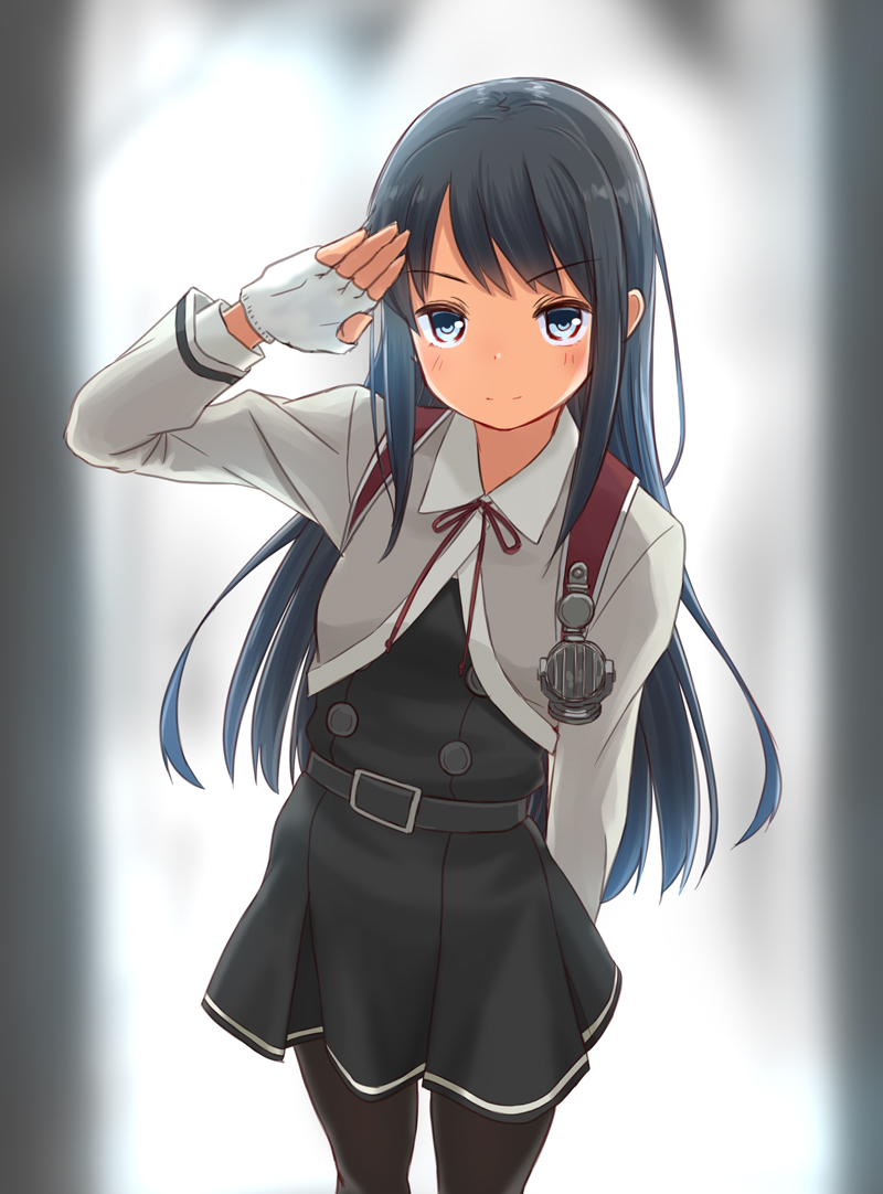 1girl asashio_(kantai_collection) backpack bag belt black_hair black_legwear blazer blue_eyes commentary_request cowboy_shot dress fingerless_gloves gloves jacket kantai_collection leaning_to_the_side long_hair long_sleeves pantyhose pinafore_dress randoseru remodel_(kantai_collection) retsumaru salute shirt solo white_gloves white_shirt