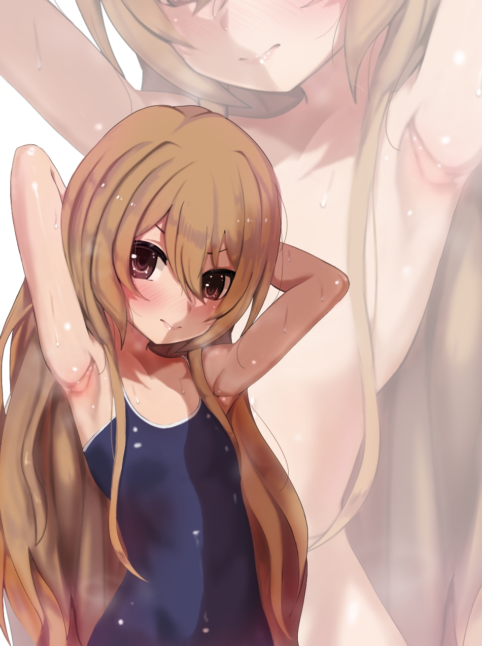 1girl aisaka_taiga armpits arms_behind_head bare_shoulders blue_swimsuit breasts brown_eyes brown_hair closed_mouth collarbone commentary_request hair_between_eyes highres long_hair looking_at_viewer multiple_views nude school_swimsuit small_breasts sweat swimsuit tomodachi_(tomofanart) toradora! upper_body