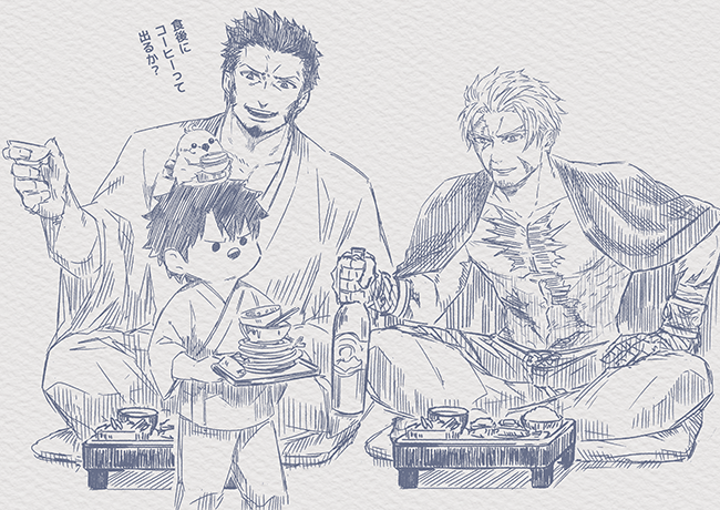 3boys abs bangs bara beard beowulf_(fate/grand_order) blank_eyes bottle chest chibi chibi_inset cup dishes facial_hair fate/grand_order fate_(series) frown fujimaru_ritsuka_(male) full_body greyscale iduhara_jugo japanese_clothes kimono looking_at_another male_focus monochrome multiple_boys muscle napoleon_bonaparte_(fate/grand_order) open_clothes open_kimono open_mouth parted_bangs sakazuki sake_bottle scar shirtless sitting smile tattoo translation_request tray uncolored