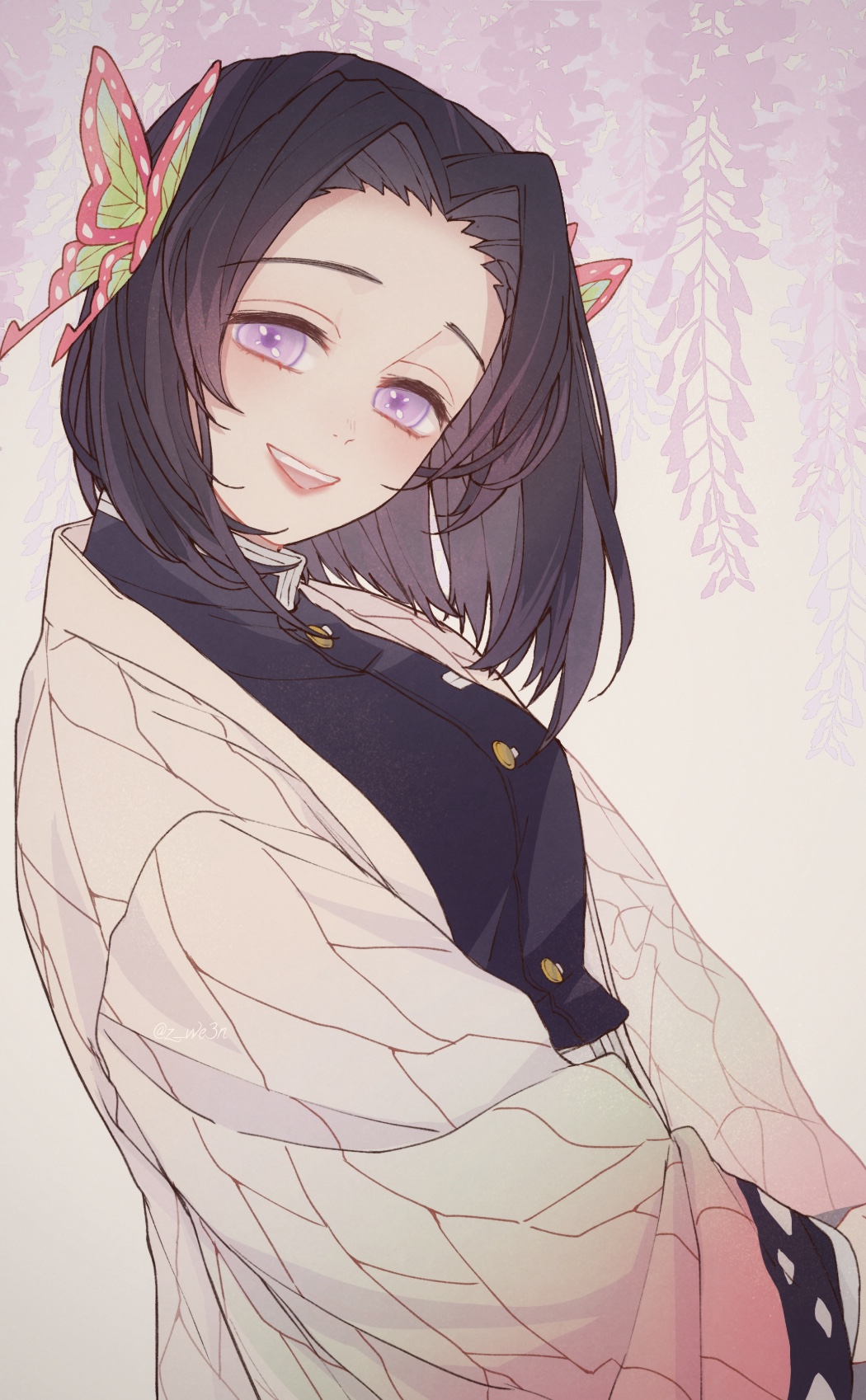 1girl belt belt_buckle black_hair buckle butterfly_hair_ornament buttons flower hair_ornament haori highres japanese_clothes kimetsu_no_yaiba kochou_kanae looking_at_viewer man_(z_we3n) multicolored_hair pink_hair short_hair smile solo uniform violet_eyes wisteria