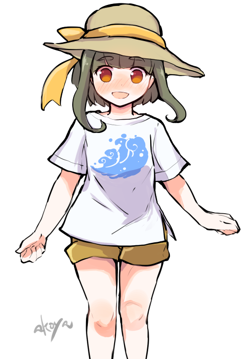 1girl akoya_(anoko_konoko) bob_cut braid brown_eyes brown_headwear casual cowboy_shot green_hair hat kantai_collection looking_at_viewer shirt short_hair short_hair_with_long_locks shorts sidelocks signature simple_background solo standing sun_hat t-shirt takanami_(kantai_collection) waves white_background white_shirt yellow_shorts