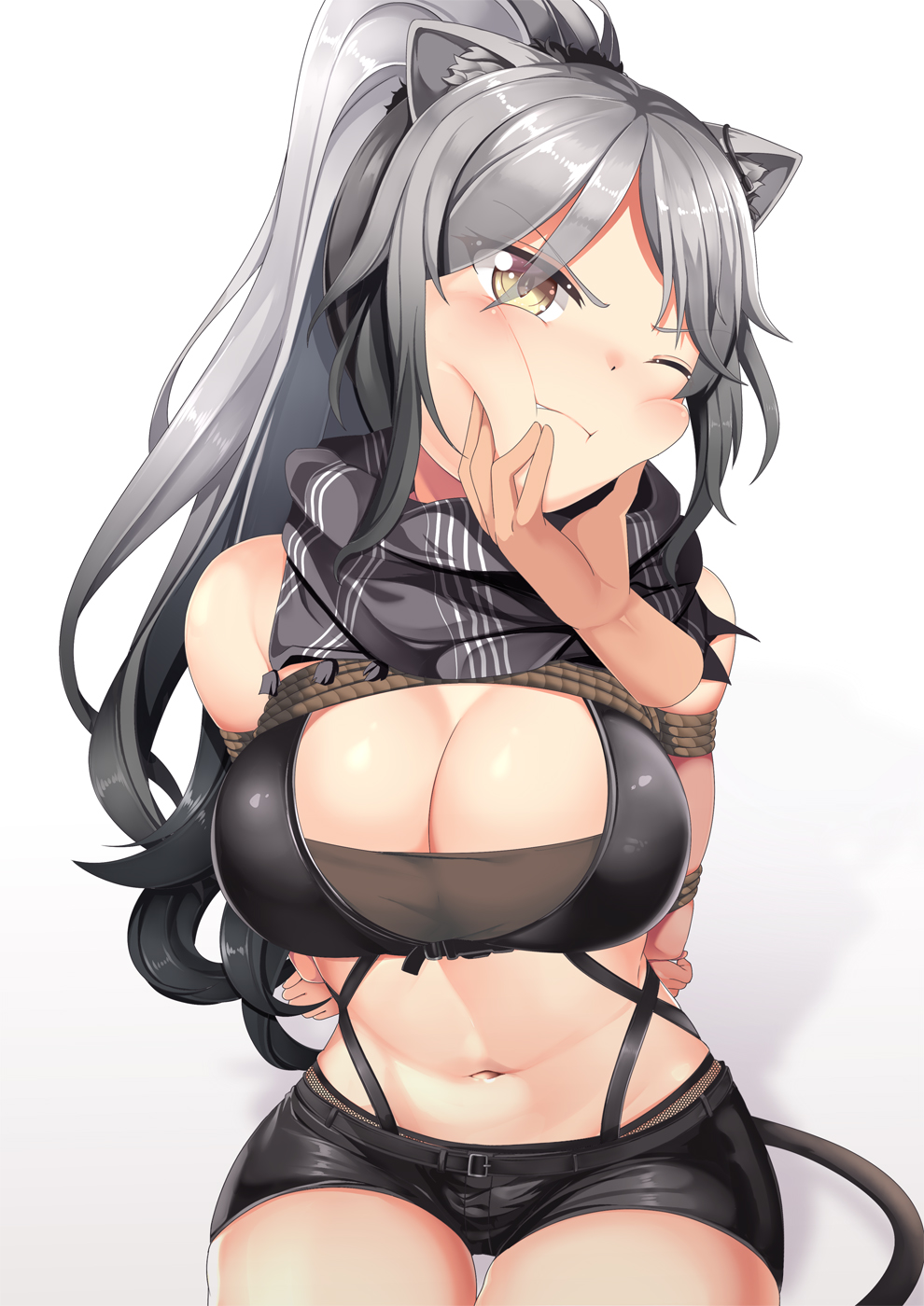 1girl angry animal_ear_fluff animal_ears annoyed arknights black_scarf black_shorts cat_ears cat_tail crop_top highres long_ponytail midriff one_eye_closed pov pov_hands restrained scarf schwarz_(arknights) short_shorts shorts silver_hair solo stomach tail yasume_yukito yellow_eyes