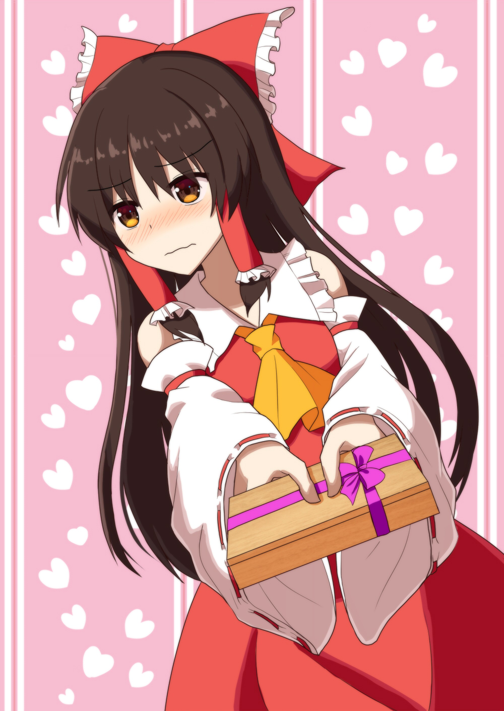 1girl blush box brown_eyes brown_hair commentary_request cowboy_shot cravat detached_sleeves embarrassed eyebrows_visible_through_hair gift gift_box giving hair_between_eyes hair_ribbon hair_tubes hakurei_reimu heart heart_background highres leaning_to_the_side light_frown long_hair looking_away looking_to_the_side outstretched_arms pink_background red_skirt red_vest ribbon ribbon-trimmed_sleeves ribbon_trim skirt solo standing striped striped_background sugiyama_ichirou touhou very_long_hair vest wavy_mouth yellow_neckwear