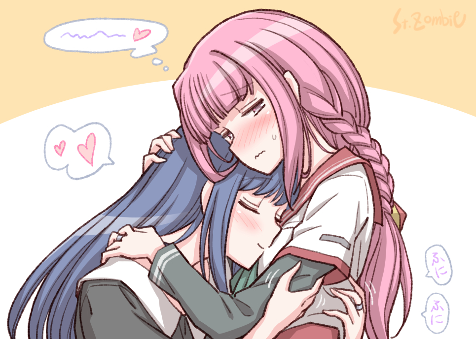 2girls artist_name bangs blue_hair blush braid closed_eyes closed_mouth eyebrows_visible_through_hair heart long_hair magia_record:_mahou_shoujo_madoka_magica_gaiden mahou_shoujo_madoka_magica multiple_girls nanami_yachiyo pink_eyes pink_hair red_sailor_collar sailor_collar single_braid smile spoken_heart studiozombie tamaki_iroha thought_bubble violet_eyes wavy_mouth yuri