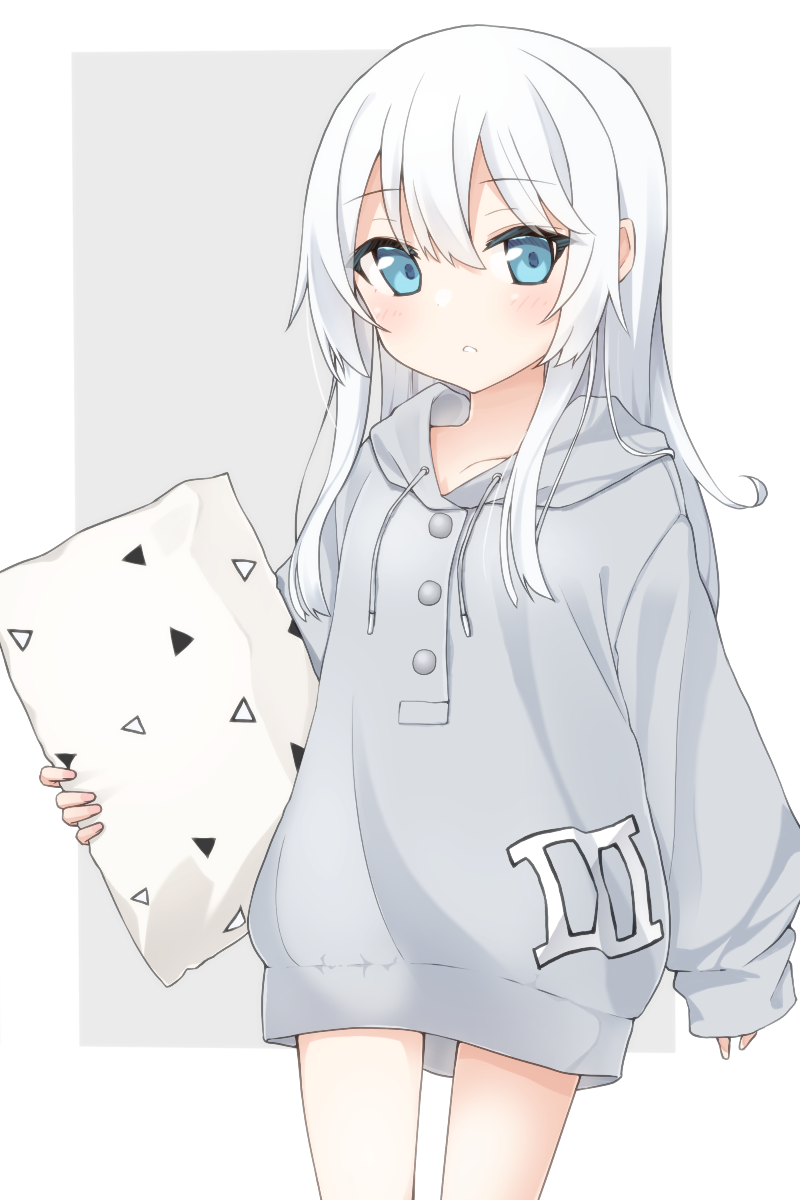 1girl alternate_costume blue_eyes blush buttons collarbone cowboy_shot eyebrows_visible_through_hair grey_hoodie hair_between_eyes hibiki_(kantai_collection) highres holding holding_pillow hood hoodie kantai_collection long_hair long_sleeves parted_lips pillow rateratte silver_hair solo