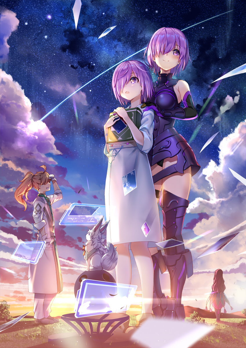 1boy 3girls :d armored_boots armored_leotard bangs bare_shoulders black_gloves black_legwear black_leotard blurry blurry_foreground blush book boots brown_footwear brown_hair closed_mouth clouds cloudy_sky commentary_request creature depth_of_field dress elbow_gloves eyebrows_visible_through_hair fate/grand_order fate_(series) fou_(fate/grand_order) gloves green_shirt hair_over_one_eye hand_on_another's_shoulder highres knee_boots labcoat leonardo_da_vinci_(fate/grand_order) leotard long_hair long_sleeves mash_kyrielight multiple_girls night night_sky object_hug open_clothes open_mouth outdoors pantyhose ponytail purple_hair renka_(renkas) romani_archaman shirt short_hair sky smile standing star_(sky) starry_sky sunset thigh-highs very_long_hair violet_eyes white_dress
