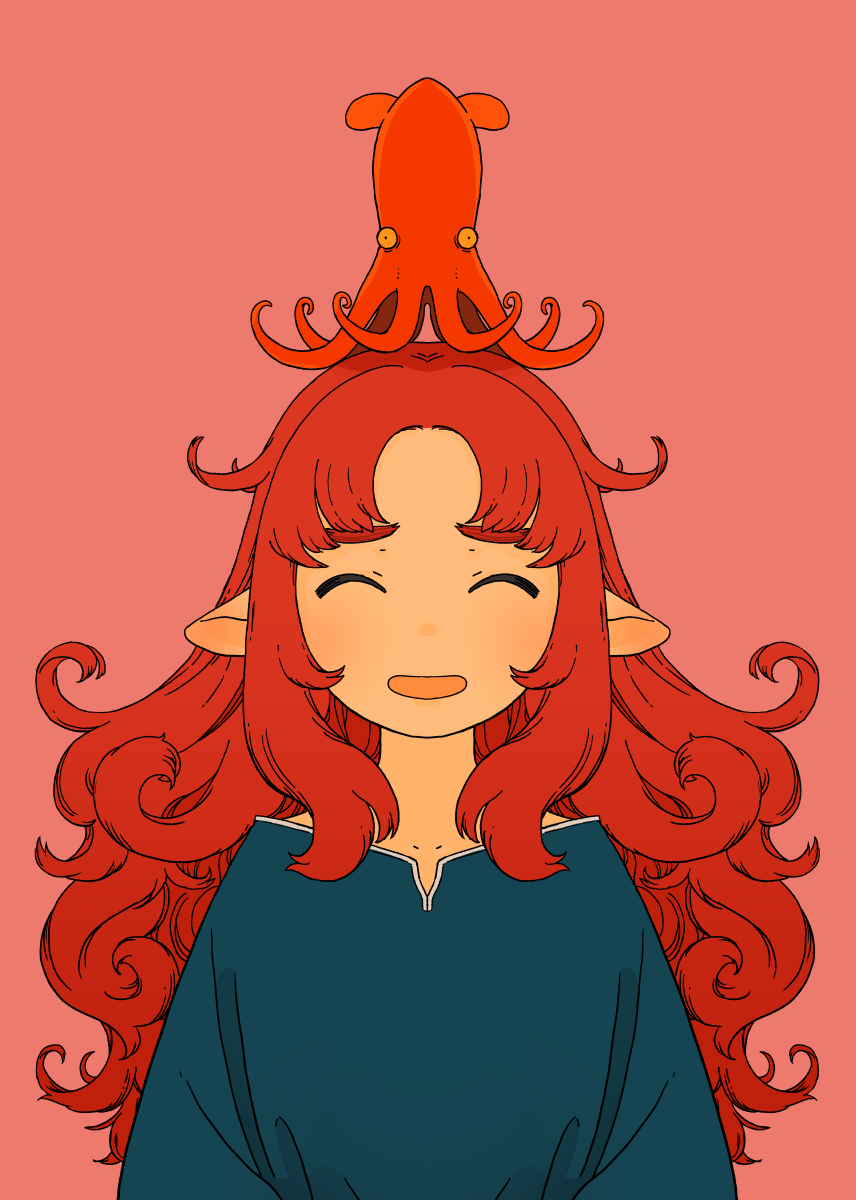 1girl akai_sashimi animal animal_on_head bangs blue_shirt closed_eyes curly_hair highres long_hair long_sleeves octopus on_head open_mouth original parted_bangs pink_background redhead shirt simple_background smile solo upper_body