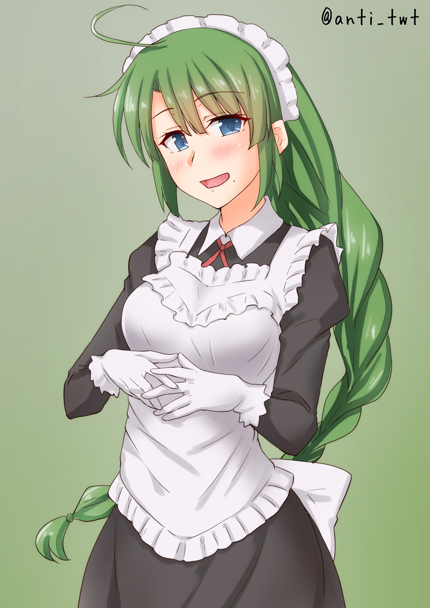 1girl ahoge alternate_costume anti_(untea9) apron black_dress blue_eyes braid dress enmaided frilled_apron frills gloves gradient gradient_background green_background green_hair highres kantai_collection long_hair long_sleeves maid maid_headdress mole mole_under_mouth single_braid solo twitter_username very_long_hair white_apron white_gloves yuugumo_(kantai_collection)