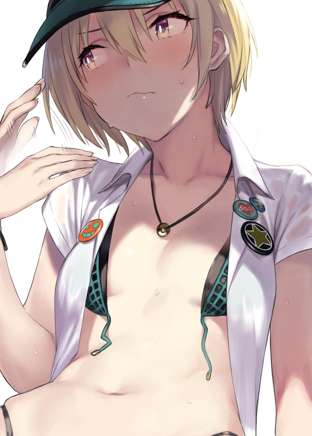 1girl 92m badge bangs bikini black_bikini blonde_hair blush breasts button_badge closed_mouth collarbone fanning_face green_headwear hair_between_eyes highres idolmaster idolmaster_shiny_colors jewelry looking_to_the_side navel necklace open_clothes open_shirt saijou_juri shirt short_hair short_sleeves simple_background small_breasts sweat swimsuit untied untied_bikini violet_eyes visor_cap white_background white_shirt