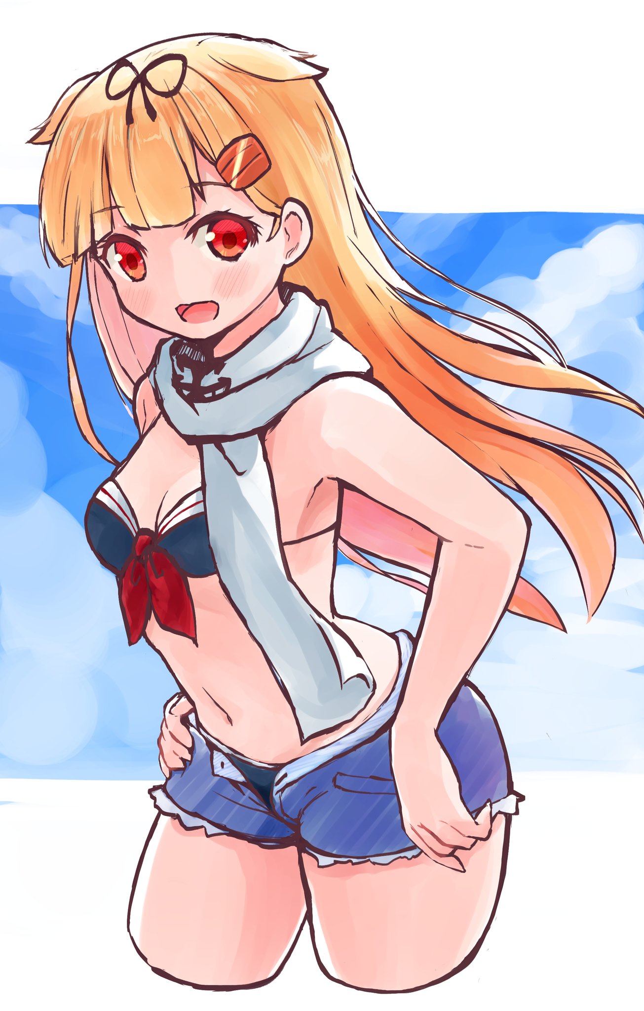 1girl bikini black_bikini black_ribbon blonde_hair blue_shorts blue_sky breasts clouds commentary_request cropped_legs denim denim_shorts hair_flaps hair_ornament hair_ribbon hairclip highres kantai_collection long_hair looking_at_viewer medium_breasts open_fly poipoi_purin red_eyes remodel_(kantai_collection) ribbon scarf shorts sky smile solo swimsuit white_scarf yuudachi_(kantai_collection)