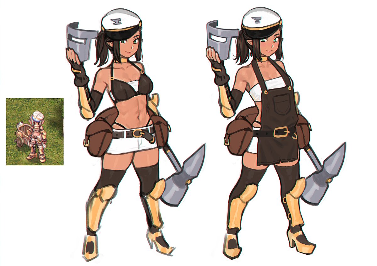 1girl apron armor bare_shoulders belt belt_buckle belt_pouch black_gloves black_hair black_legwear breasts brown_apron buckle character_request choker collarbone commentary elbow_gloves elf english_commentary fingerless_gloves full_body gloves green_eyes hammer hat high_heels legs_apart looking_at_viewer midriff miniskirt multiple_views navel panty_straps pointy_ears pouch ragnarok_online reference_photo_inset short_hair simple_background skirt small_breasts smile standing strapless sunna_(nilsunna) thigh-highs toned tubetop vambraces welding_mask white_background yellow_choker zettai_ryouiki