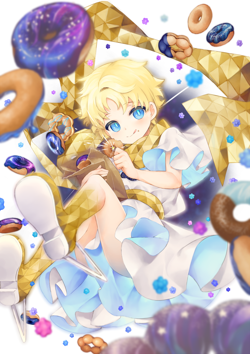 1boy :q bag blonde_hair blue_eyes blurry candy depth_of_field doughnut fate/grand_order fate/requiem fate_(series) food food_on_face highres konpeitou male_focus nigo paper_bag robe scarf smile tongue tongue_out voyager_(fate/requiem) yellow_scarf