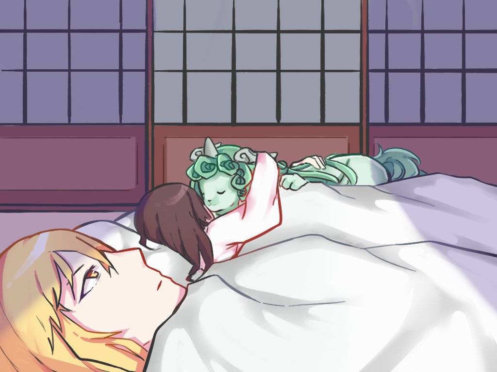 3girls 500_dollar_four_foot_tall_mareep blanket blonde_hair brown_hair comedy futon green_fur hakurei_reimu horns hug kirisame_marisa komano_aun_(komainu) long_hair meme multiple_girls nude open_eyes pillow rinirnim single_horn touhou under_covers yellow_eyes