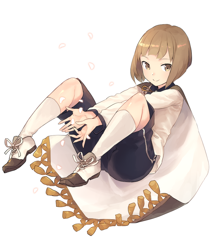 1boy bangs black_shorts bob_cut brown_eyes brown_hair cape chorefuji closed_mouth commentary_request full_body light_blush looking_to_the_side maeda_toushirou male_focus shiny shiny_hair shiny_skin shirt shoes short_hair shorts simple_background smile socks solo touken_ranbu white_background white_cape white_footwear white_legwear white_shirt