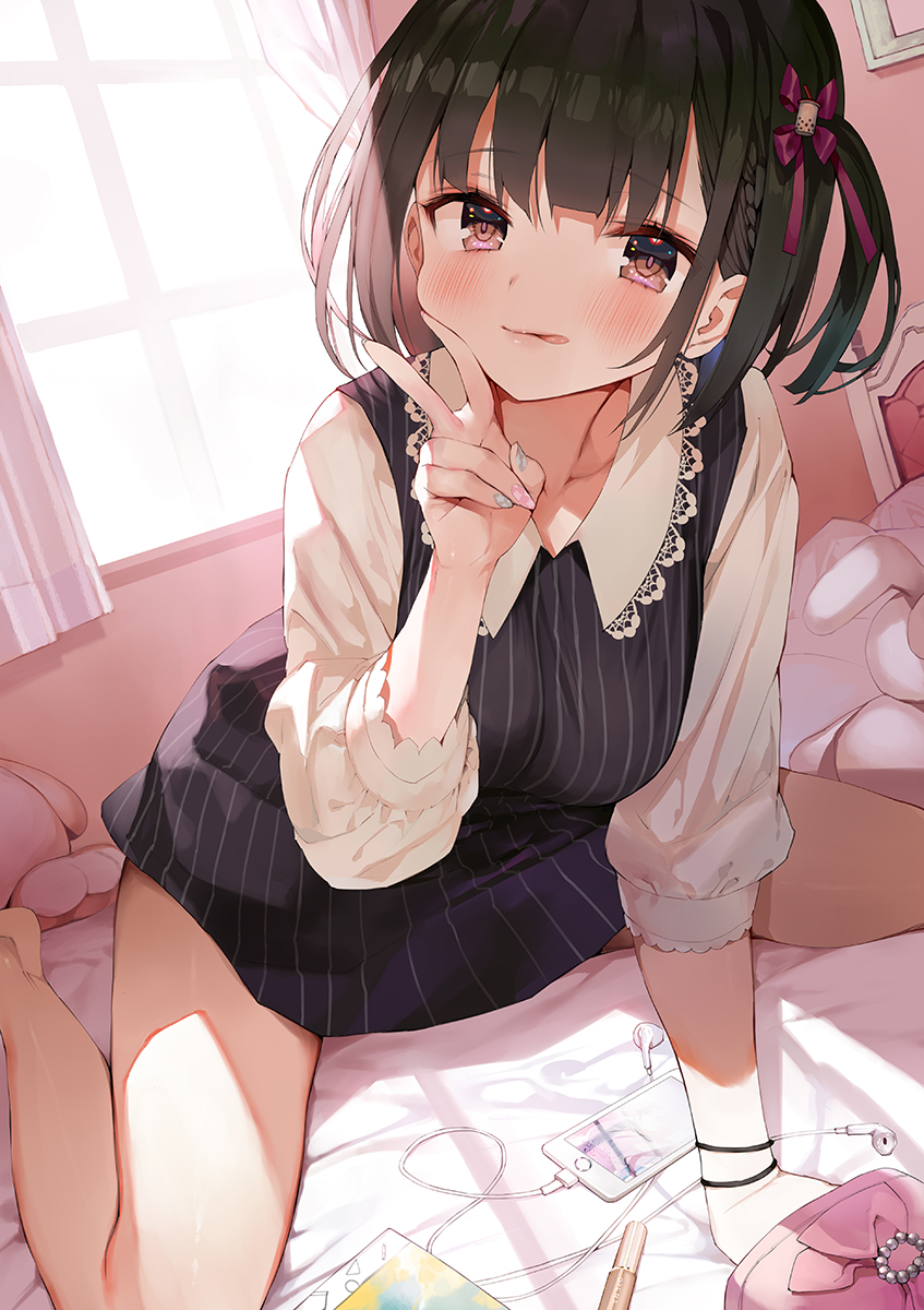 1girl bangs bed black_dress blunt_bangs blush braid breasts brown_eyes brown_hair cellphone check_copyright collarbone collared_shirt commentary_request copyright_request curtains dress earphones eyebrows_visible_through_hair fingernails hair_ribbon highres indoors long_sleeves looking_at_viewer matsui_hiroaki medium_breasts medium_hair on_bed one_side_up original phone purple_ribbon ribbon shirt sitting sleeveless sleeveless_dress smile solo striped stuffed_toy tongue tongue_out v white_shirt