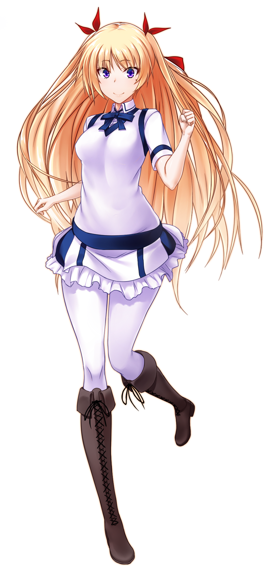 1girl bangs blonde_hair blue_ribbon boots bow brown_footwear christiane_friedrich closed_mouth collared_shirt eyebrows_visible_through_hair frilled_skirt frills full_body hair_between_eyes hair_bow highres ikki_(tue_sein_bestes) knee_boots long_hair looking_at_viewer maji_de_watashi_ni_koi_shinasai! miniskirt mole mole_under_eye neck_ribbon pantyhose red_bow ribbon shirt short_sleeves simple_background skirt smile solo standing standing_on_one_leg twintails very_long_hair vest violet_eyes white_background white_legwear white_shirt white_skirt white_vest wing_collar