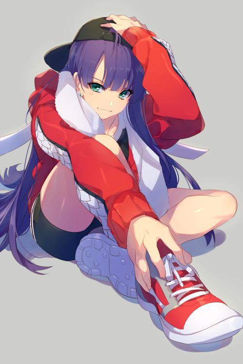 1girl backwards_hat bangs baseball_cap black_headwear black_shorts breasts cis05 closed_mouth fate/grand_order fate_(series) green_eyes grey_background hat jacket large_breasts legs long_hair long_sleeves looking_at_viewer open_clothes open_jacket purple_hair red_footwear red_jacket saint_martha shoes shorts sitting smile sneakers towel towel_around_neck