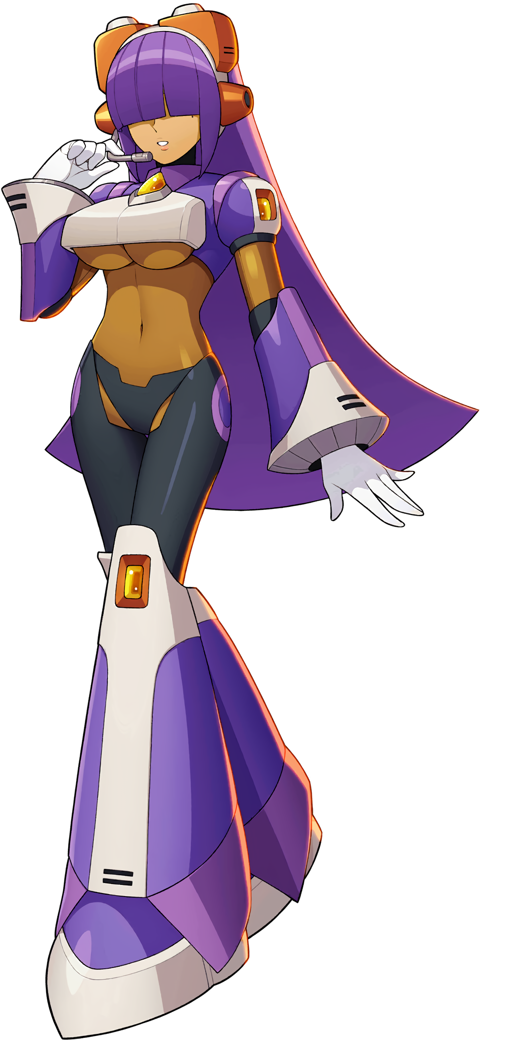1girl android bangs blunt_bangs breasts covered_navel dark_skin full_body hair_over_eyes headset highres hime_cut layer_(rockman) long_hair microphone mizuno_keisuke mole mole_under_eye navel official_art purple_hair robot_ears rockman rockman_x rockman_x_dive solo standing transparent_background under_boob