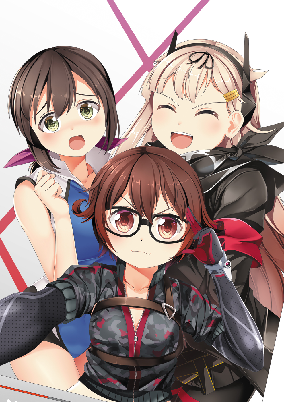 3girls armband bespectacled black-framed_eyewear black_gloves black_hair black_neckwear black_ribbon blonde_hair brown_eyes brown_hair camouflage closed_eyes commentary cosplay english_commentary fubuki_(kantai_collection) girls_frontline glasses gloves gradient_hair green_eyes hair_flaps hair_ornament hair_ribbon hairclip hanebado! hanesaki_ayano hanesaki_ayano_(cosplay) headgear highres hololive jacket kantai_collection long_hair look-alike looking_at_viewer m4_sopmod_ii_(girls_frontline) m4_sopmod_ii_(girls_frontline)_(cosplay) multicolored_hair multiple_girls mutsuki_(kantai_collection) open_mouth pink_ribbon ponytail redhead remodel_(kantai_collection) ribbon roboco-san roboco-san_(cosplay) short_hair short_ponytail sidelocks sportswear upper_body virtual_youtuber yasume_yukito yuudachi_(kantai_collection) zipper zipper_pull_tab