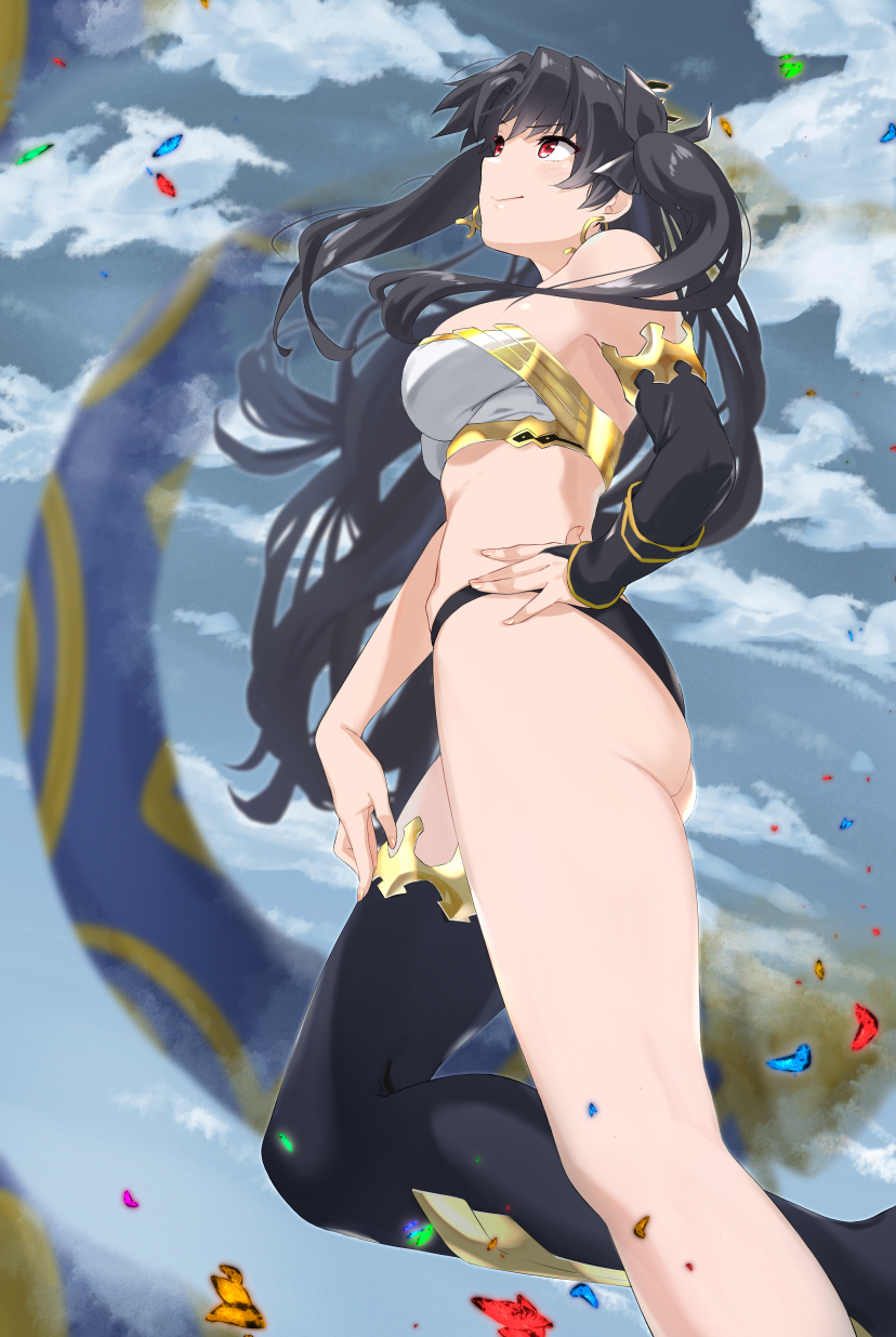 1girl armlet ass asymmetrical_legwear asymmetrical_sleeves bangs bare_shoulders black_bow black_hair black_legwear black_sleeves blue_sky bow breasts closed_mouth earrings fate/grand_order fate_(series) gem gold_trim hair_bow hand_on_hip heavenly_boat_maanna highres hoop_earrings ishtar_(fate)_(all) ishtar_(fate/grand_order) jewelry large_breasts looking_up murio neck_ring parted_bangs red_eyes sky thighlet thighs tiara two_side_up weapon