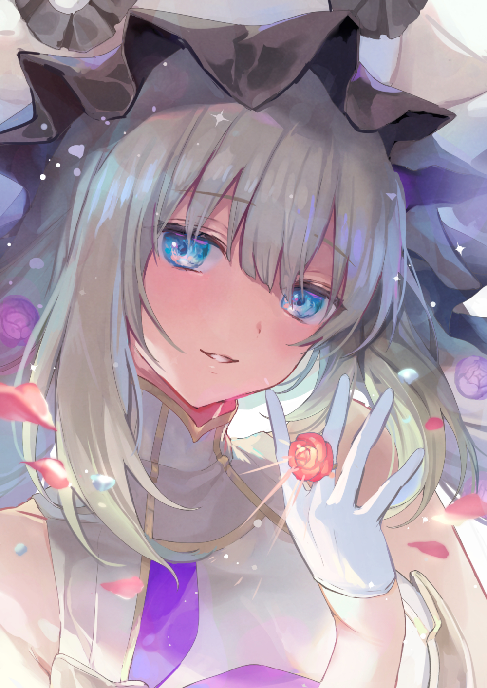 1girl bangs bare_shoulders black_gloves blue_eyes blush breasts dress fate/grand_order fate_(series) flower frilled_hat frills gloves hat highres jewelry large_hat long_hair looking_at_viewer marie_antoinette_(fate/grand_order) parted_lips petals ring silver_hair small_breasts smile twintails very_long_hair vivi_(eve_no_hakoniwa) white_dress white_headwear