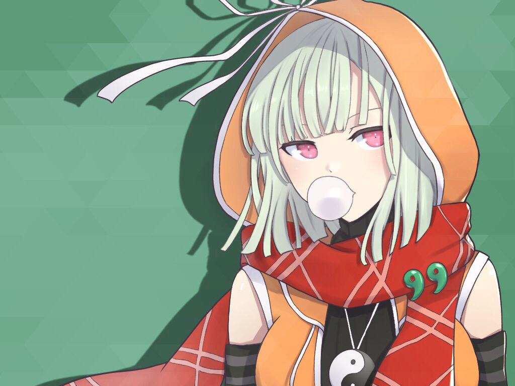 1girl bangs black_stripes black_sweater blush breasts chewing_gum close-up detached_sleeves green_background green_hair hood hood_up jewelry large_breasts lemonrou light_green_hair looking_to_the_side naraku_(senran_kagura) necklace number orange_hoodie pink_eyes pins red_scarf ribbon scarf senran_kagura short_hair simple_background solo striped sweater turtleneck white_ribbon yin_yang