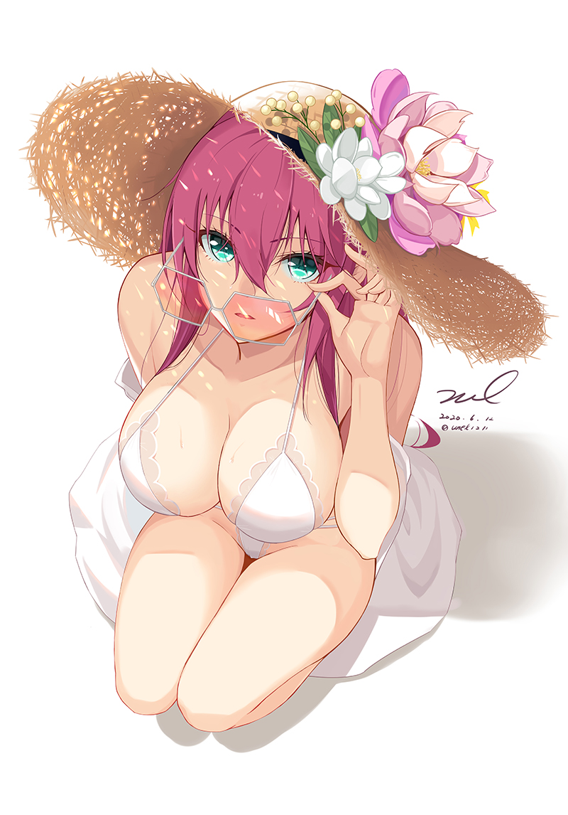 1girl azur_lane bad_perspective bikini breasts collarbone dated eyebrows_visible_through_hair flower flower_hat from_above green_eyes hat kneeling large_breasts long_hair looking_at_viewer redhead signature simple_background solo straw_hat sunglasses surcouf_(azur_lane) surcouf_(loisirs_balneaires)_(azur_lane) swimsuit unel white_background white_bikini