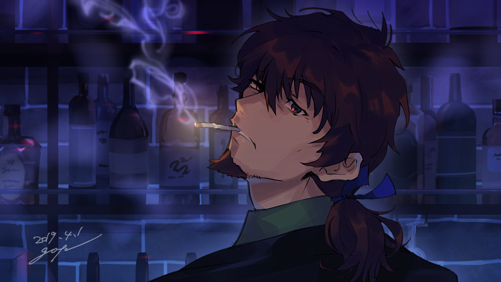 1boy alcohol bangs bar bartender bottle brown_eyes brown_hair cigarette cropped_shoulders eyebrows_visible_through_hair facial_hair facial_mark fate_(series) goatee goya_(xalbino) hair_ribbon hector_(fate/grand_order) light looking_at_viewer looking_back male_focus medium_hair ponytail ribbon shadow shiny shiny_hair shirt signature smile smoke smoking solo upper_body vest