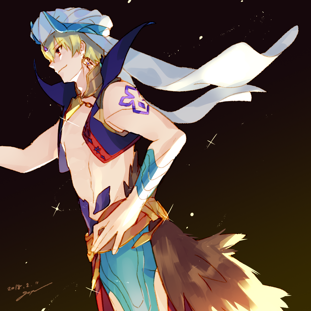 1boy abs arabian_clothes bangs bare_shoulders blonde_hair chest earrings eyebrows_visible_through_hair fate/grand_order fate_(series) gilgamesh gilgamesh_(caster)_(fate) goya_(xalbino) gradient gradient_background hair_between_eyes hand_on_hip hand_up hat jewelry light_particles looking_to_the_side male_focus red_eyes revealing_clothes scarf shoulder_tattoo signature sleeveless smile tattoo turban