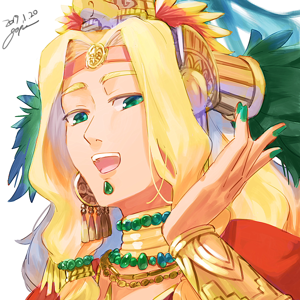 1girl aztec bangs blonde_hair bracer chin_piercing earrings emerald_(gemstone) fate/grand_order fate_(series) gem gold gold_necklace goya_(xalbino) green_eyes hair_ornament headband headdress jewelry long_hair looking_at_viewer nail_polish open_mouth quetzalcoatl_(fate/grand_order) shiny shiny_hair smile solo upper_body white_background