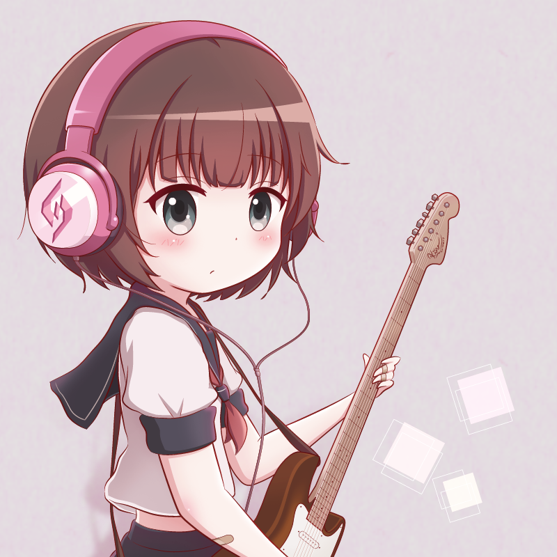 1girl bandaid_on_arm bangs bemani black_sailor_collar black_skirt blush brown_hair character_request commentary_request electric_guitar eyebrows_visible_through_hair goth_risuto grey_background grey_eyes guitar headphones holding holding_instrument instrument midriff neckerchief puffy_short_sleeves puffy_sleeves red_neckwear sailor_collar school_uniform serafuku shirt short_hair short_sleeves skirt solo sound_voltex white_shirt