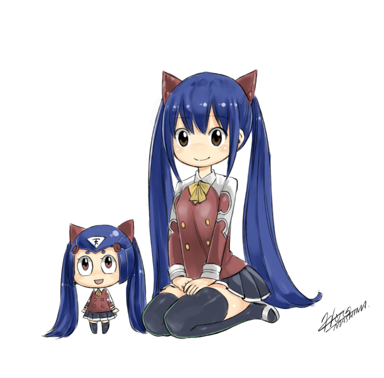 artist_name black_legwear black_skirt blue_hair brown_eyes eden's_zero eyebrows_visible_through_hair fairy_tail hair_between_eyes hands_on_lap long_hair mashima_hiro official_art open_mouth pino_(eden's_zero) robot sandals seiza simple_background sitting skirt smile thigh-highs twintails watermark wendy_marvell white_background