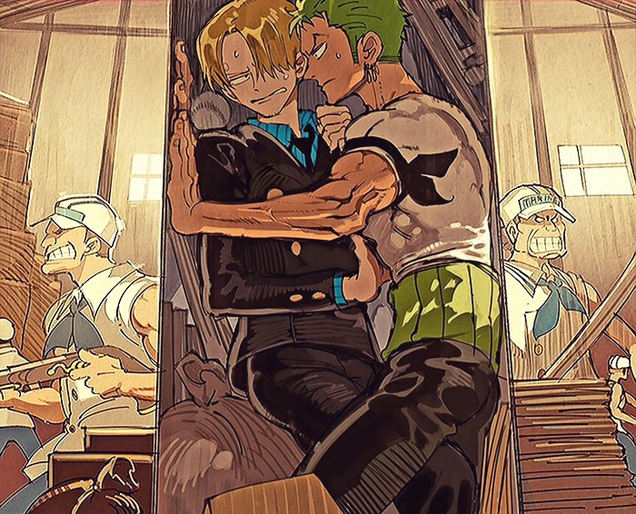 2boys armband black_eyes black_suit blonde_hair chest closet couple earrings formal green_hair hand_on_another's_chest japanese_clothes jewelry legs_together long_sleeves male_focus multiple_boys muscle one_piece pants roronoa_zoro runa_(artist) sanji short_sleeves suit sweatdrop toned toned_male trapped veins yaoi
