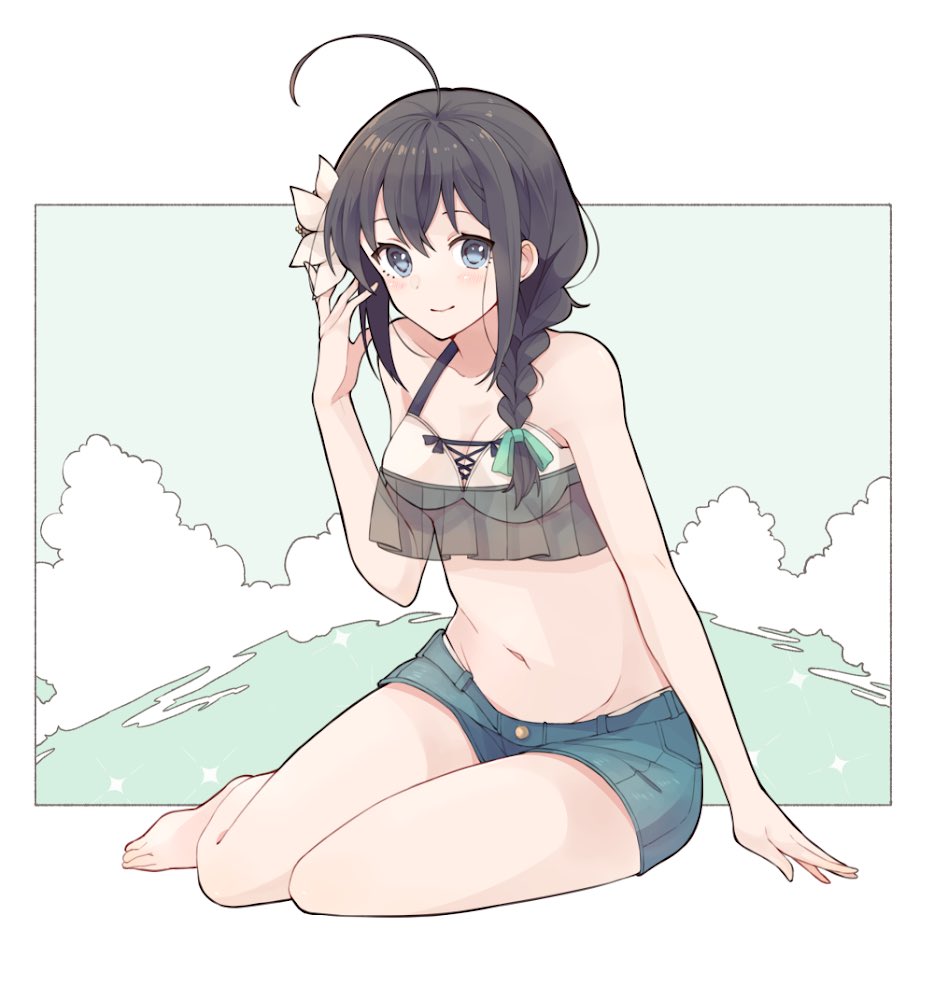 1girl ahoge barefoot black_hair blue_eyes blue_shorts blush braid breasts collarbone denim denim_shorts flower full_body groin hair_between_eyes hair_flower hair_ornament kantai_collection long_hair navel shakemi_(sake_mgmgmg) shigure_(kantai_collection) shorts single_braid small_breasts smile solo toes white_flower