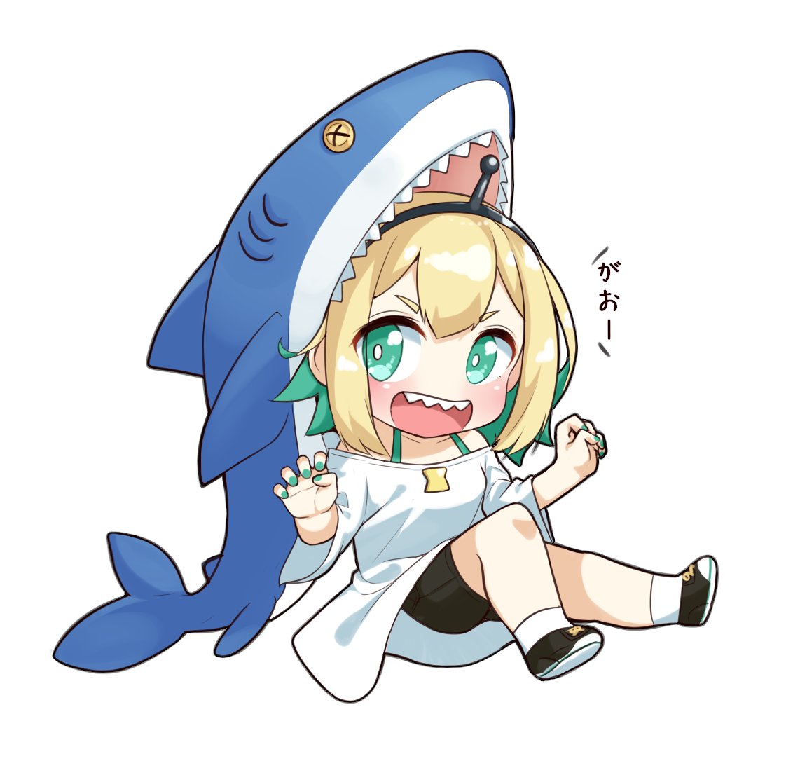 1girl :d amano_pikamee aqua_camisole aqua_hair aqua_nails bangs black_hairband black_shorts blonde_hair bright_pupils camisole chibi claw_pose eyes_visible_through_hair hairband maneater_(game) multicolored_hair open_mouth oversized_clothes oversized_shirt shark sharp_teeth shirt shoes short_hair shorts simple_background smile sneakers socks solo stuffed_animal stuffed_shark stuffed_toy teeth tenneko_yuuri two-tone_hair v-shaped_eyebrows virtual_youtuber voms white_background white_legwear white_pupils white_shirt wide_sleeves