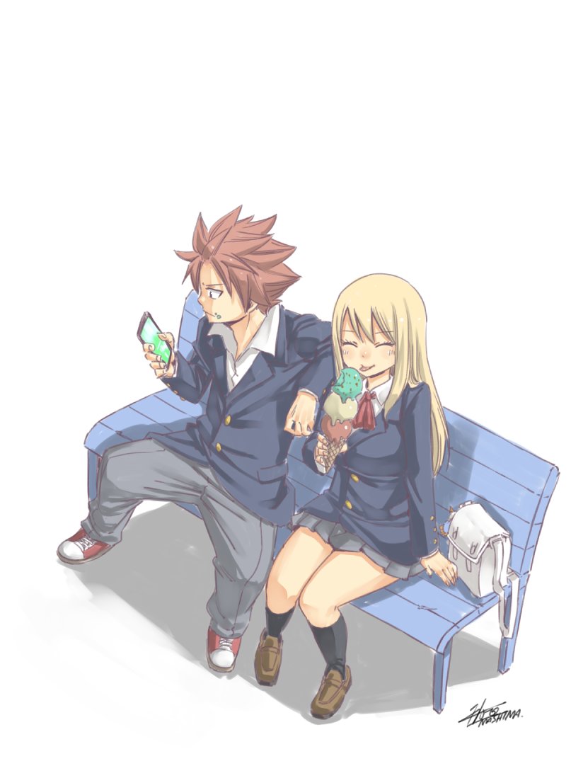 1boy 1girl artist_name bag bench blonde_hair blush breasts closed_eyes eyebrows_visible_through_hair fairy_tail food hair_between_eyes handbag holding holding_phone ice_cream ice_cream_cone large_breasts long_hair lucy_heartfilia mashima_hiro natsu_dragneel official_art pants phone pink_hair shoes simple_background sitting skirt socks tongue tongue_out watermark white_background