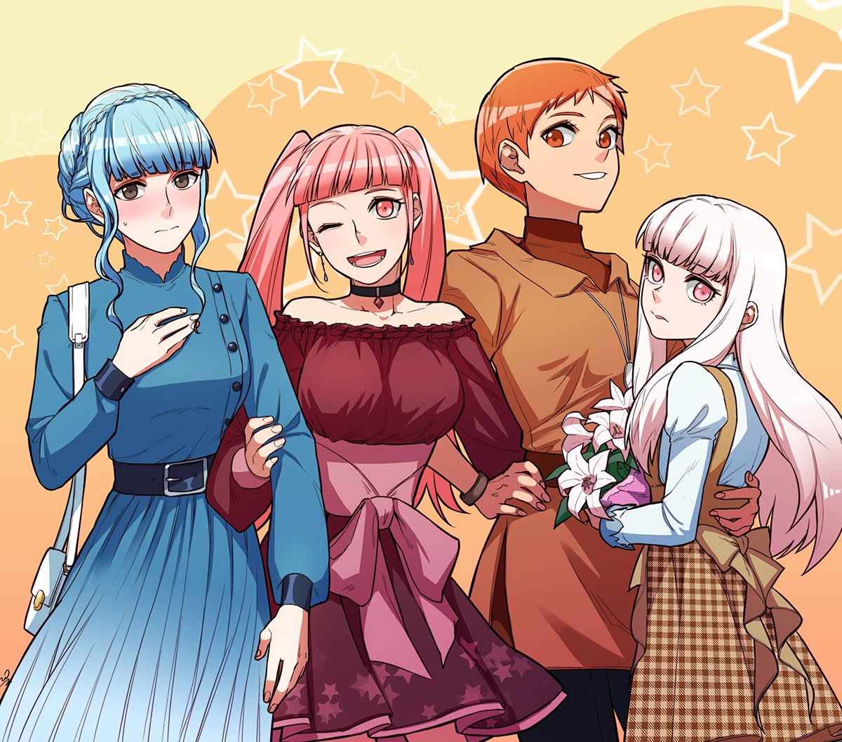 4girls alternate_costume bag belt blue_hair blush bracelet braid brown_eyes choker closed_mouth crown_braid drawingddoom dress earrings fire_emblem fire_emblem:_three_houses flower handbag hilda_valentine_goneril jewelry leonie_pinelli long_hair long_sleeves lysithea_von_ordelia marianne_von_edmund multiple_girls one_eye_closed open_mouth orange_eyes orange_hair pink_eyes pink_hair short_hair twintails white_hair