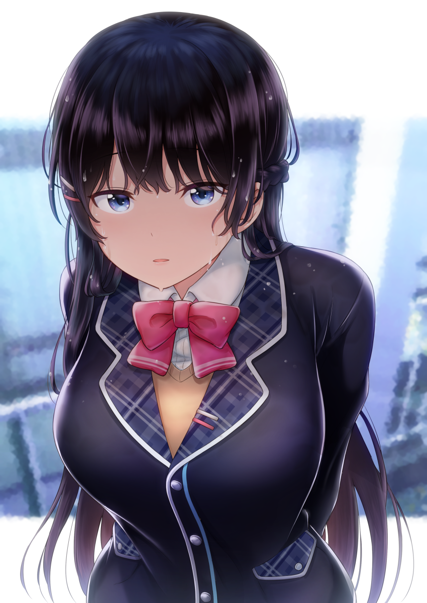 1girl arms_behind_back black_hair black_jacket blazer blue_eyes blurry blurry_background bow bowtie braid breasts collared_shirt commentary dress_shirt french_braid hair_ornament hairclip highres jacket large_breasts long_hair looking_at_viewer nijisanji otonari parted_lips pink_neckwear school_uniform shirt solo tsukino_mito upper_body vest virtual_youtuber wet wet_hair white_shirt wing_collar yellow_vest