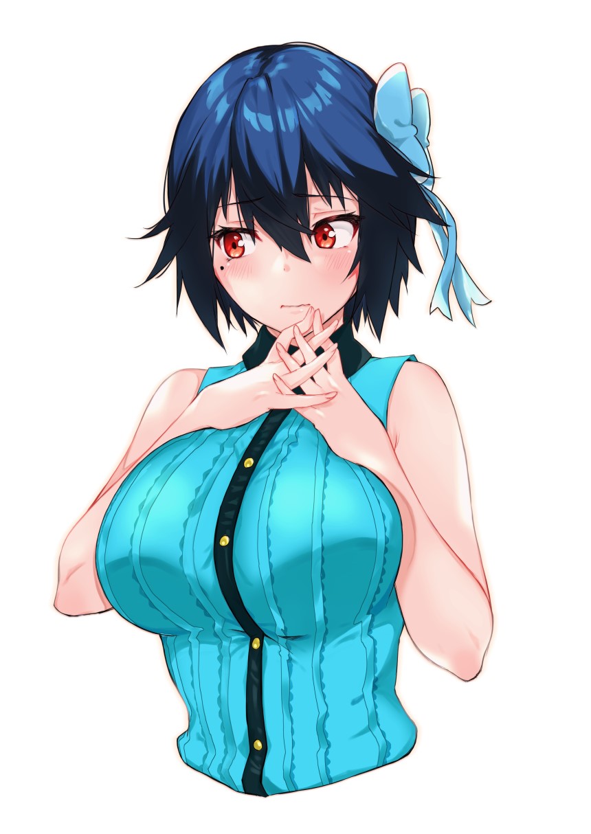 1girl bangs blue_hair blue_shirt blush bow breasts buttons closed_mouth hair_bow hands_together highres interlocked_fingers large_breasts looking_to_the_side mole mole_under_eye murio nisekoi red_eyes shirt short_hair simple_background sleeveless tsugumi_seishirou white_background