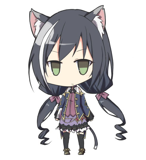 1girl animal_ear_fluff animal_ears bare_shoulders black_hair black_legwear blank_eyes cat_ears cat_girl cat_tail chibi commentary_request eyebrows_visible_through_hair green_eyes hair_between_eyes karyl_(princess_connect!) long_hair looking_at_viewer low_twintails multicolored_hair princess_connect! princess_connect!_re:dive simple_background solo tail thigh-highs toro_th twintails two-tone_hair white_background white_hair