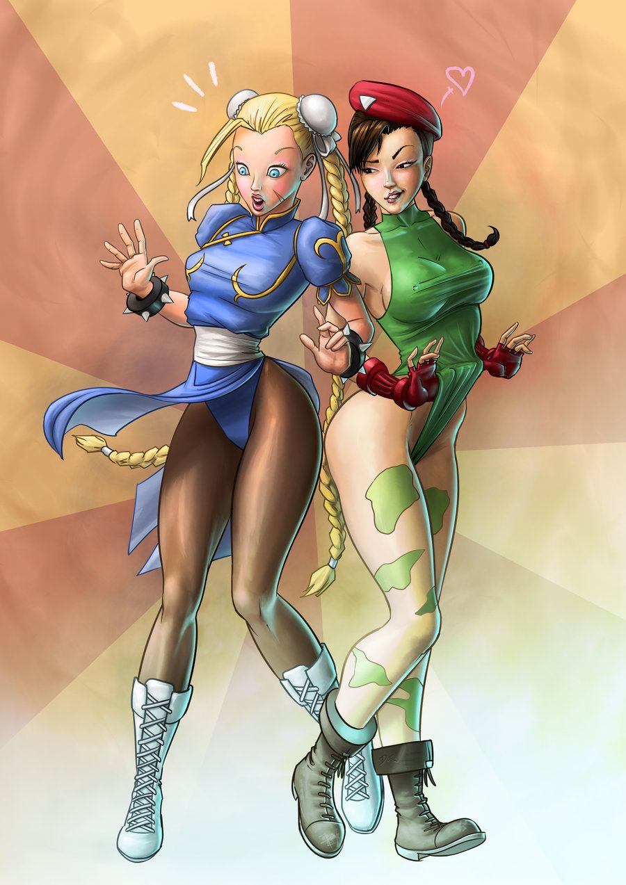 2girls alternate_costume alternate_hairstyle antenna_hair beret black_footwear blonde_hair blue_dress blue_eyes bracelet braid brown_eyes brown_hair brown_legwear bun_cover cammy_white cammy_white_(cosplay) camouflage capcom china_dress chinese_clothes chun-li chun-li_(cosplay) cosplay costume_switch dominicabra dress english_commentary facial_scar gauntlets gloves green_leotard hat highres jewelry leotard long_hair multiple_girls nipples pantyhose pelvic_curtain puffy_short_sleeves puffy_sleeves red_gloves sash scar scar_on_cheek short_sleeves spiked_bracelet spikes street_fighter thick_thighs thigh-highs thighs thong_leotard twin_braids very_long_hair white_footwear