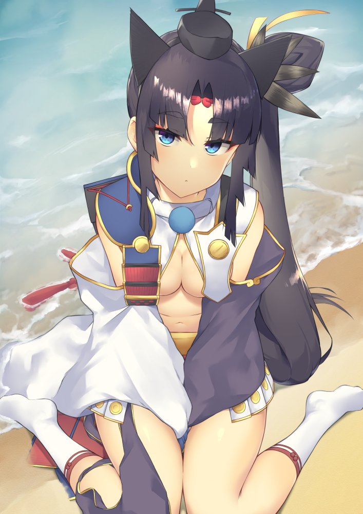 1girl armor bangs bare_shoulders black_hair blue_eyes blush breast_curtains breasts closed_mouth detached_sleeves fate/grand_order fate_(series) feathers hair_feathers hat japanese_armor long_hair long_sleeves looking_at_viewer medium_breasts mismatched_sleeves navel p!nta parted_bangs side_ponytail sidelocks sitting socks thick_eyebrows ushiwakamaru_(fate/grand_order) wariza