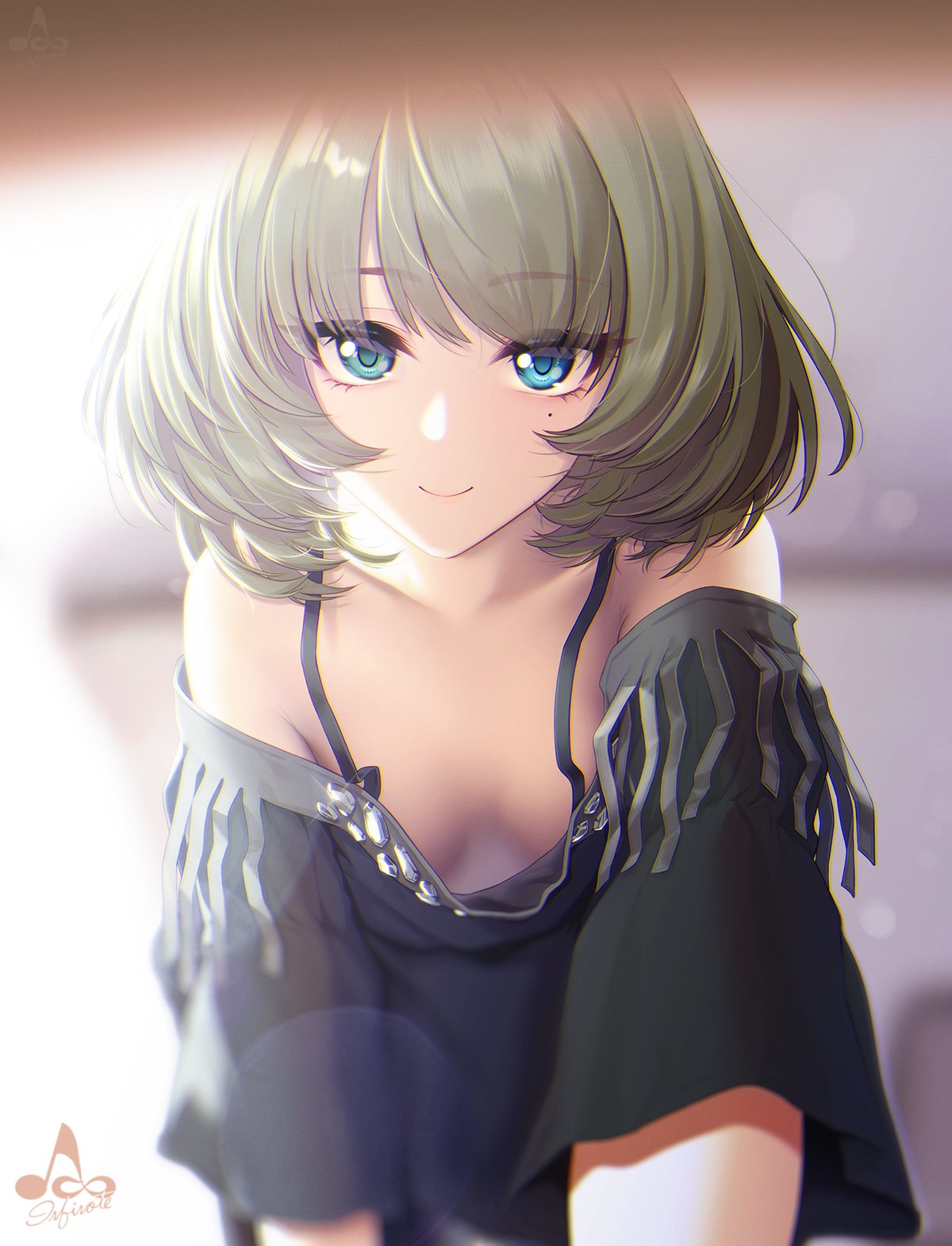 1girl artist_name bangs bare_shoulders black_shirt blue_eyes blurry blurry_background breasts closed_mouth collarbone commentary day downblouse eyebrows_visible_through_hair eyelashes green_eyes green_hair hair_intakes hanging_breasts heterochromia highres idolmaster idolmaster_cinderella_girls indoors infinote leaning_forward lens_flare medium_hair mole mole_under_eye no_bra off_shoulder pov reaching_out shirt short_sleeves signature small_breasts smile sunlight takagaki_kaede
