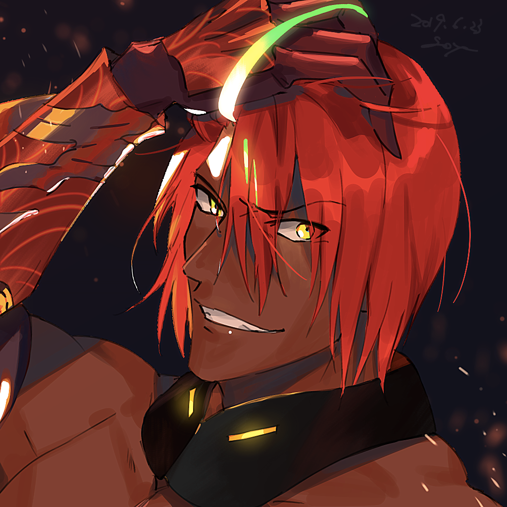 1boy arm_up ashwatthama_(fate/grand_order) bangs bare_shoulders blonde_hair chest close-up dark_skin dark_skinned_male eyebrows_visible_through_hair face fate/grand_order fate_(series) forehead_jewel gauntlets glowing glowing_eyes goya_(xalbino) green_hair hand_on_own_head looking_at_viewer male_focus multicolored_hair muscle redhead shiny shiny_hair shirtless simple_background smile smirk solo streaked_hair teeth upper_body yellow_eyes