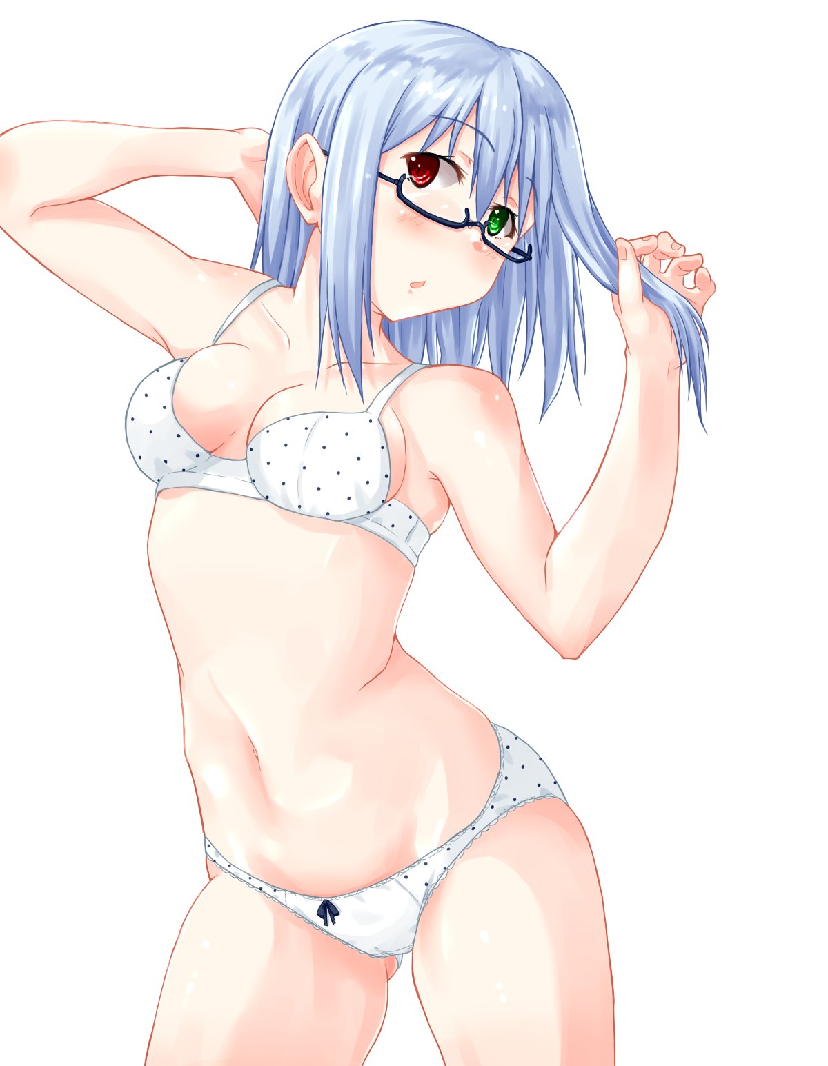1girl :o arched_back arm_behind_head ass_visible_through_thighs bangs black-framed_eyewear blue_hair bow bow_panties bra breasts commentary_request cowboy_shot eyebrows_visible_through_hair glasses green_eyes hand_in_hair heterochromia highres izumo_konata lace lace-trimmed_panties looking_at_viewer medium_breasts medium_hair navel original panties parted_lips polka_dot polka_dot_bra polka_dot_panties red_eyes semi-rimless_eyewear simple_background skindentation solo standing under-rim_eyewear underwear underwear_only white_background white_bra white_panties