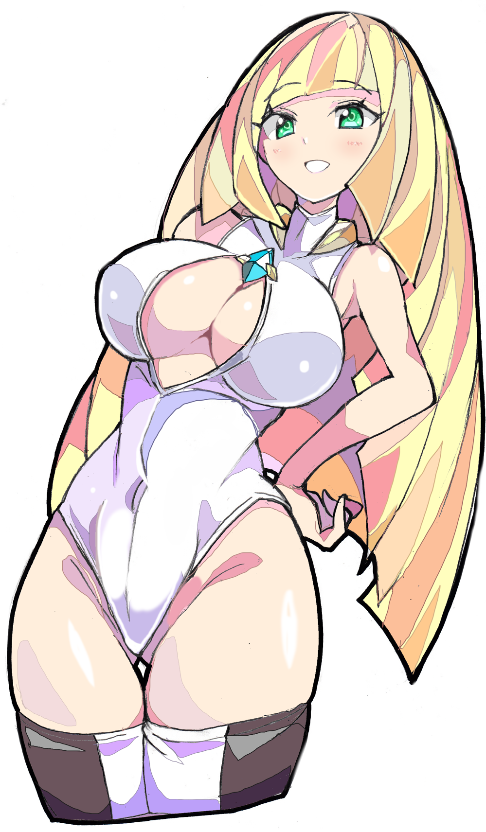 1girl adapted_costume aqua_eyes bare_arms bare_shoulders breasts center_opening covered_navel enpe eyebrows_visible_through_hair groin hand_on_hip highleg highleg_swimsuit highres large_breasts long_hair looking_at_viewer lusamine_(pokemon) mature one-piece_swimsuit pokemon pokemon_(game) pokemon_sm simple_background smile solo swimsuit thigh-highs thigh_gap very_long_hair white_background white_swimsuit