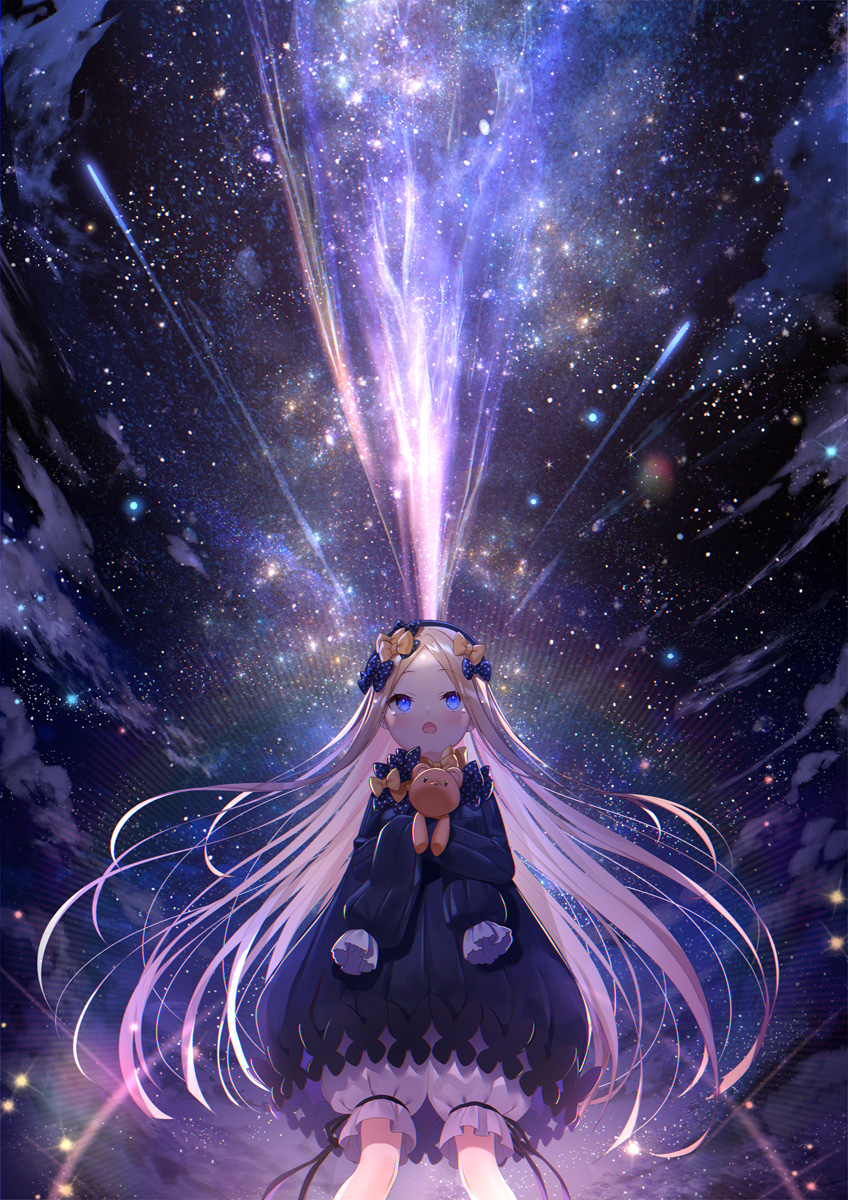 1girl abigail_williams_(fate/grand_order) bangs black_bow black_dress black_headwear blonde_hair bloomers blue_eyes bow breasts bug butterfly commentary_request dress fate/grand_order fate_(series) feet_out_of_frame floating_hair forehead hair_bow hat highres insect long_hair long_sleeves multiple_bows night night_sky object_hug open_mouth orange_bow outdoors parted_bangs polka_dot polka_dot_bow ribbed_dress sky sleeves_past_fingers sleeves_past_wrists small_breasts solo standing star_(sky) starry_sky stuffed_animal stuffed_toy teddy_bear underwear very_long_hair white_bloomers yano_mitsuki