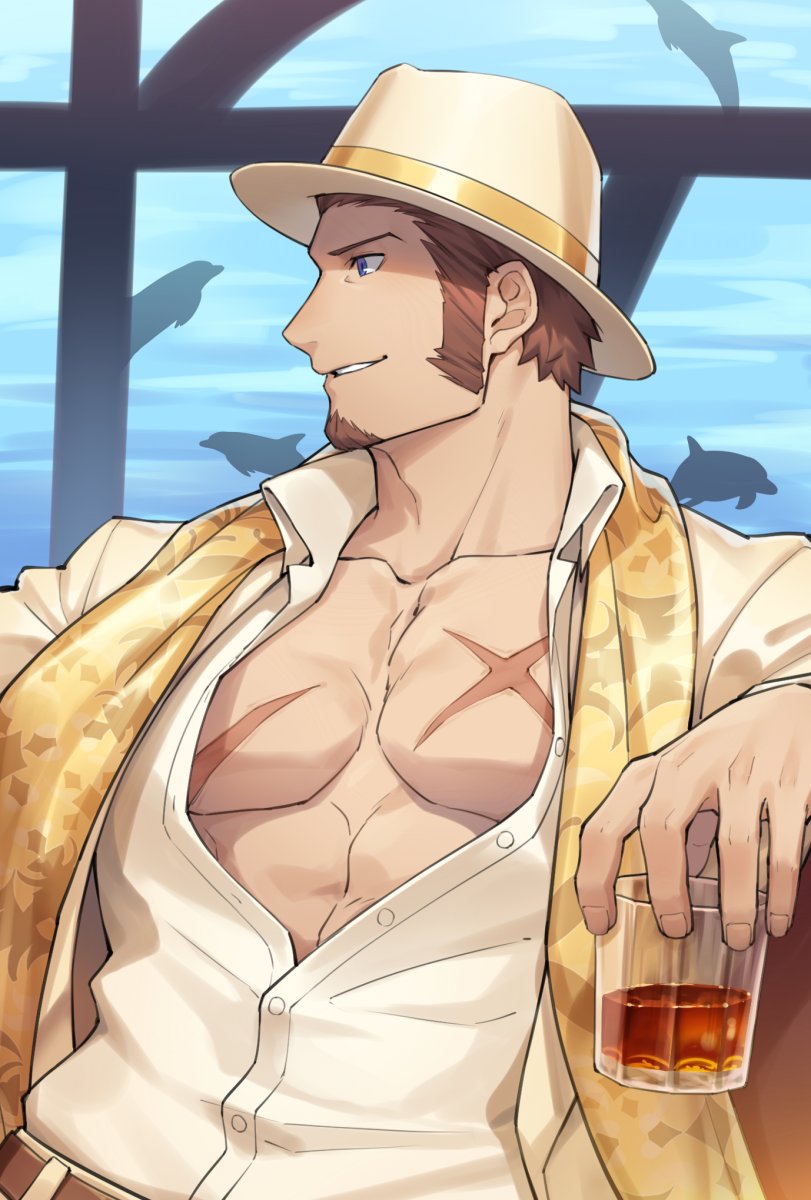 1boy 47 abs alternate_costume arm_support bara beard beige_shirt belt blue_eyes brown_hair chest chest_scar covered_abs cup dolphin facial_hair fate/grand_order fate_(series) formal goatee hat highres light light_smile long_sleeves looking_to_the_side male_focus muscle napoleon_bonaparte_(fate/grand_order) open_clothes open_shirt pectorals scar scarf shadow sideburns sitting smile solo suit unbuttoned upper_body yellow_scarf