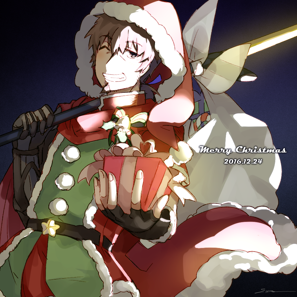 1boy bangs brown_eyes brown_hair christmas eyebrows_visible_through_hair facial_hair fate/grand_order fate_(series) fingerless_gloves fur_trim gauntlets gift gloves goatee goya_(xalbino) hair_ribbon hat hector_(fate/grand_order) looking_at_viewer male_focus polearm ponytail ribbon santa_costume santa_hat shiny shiny_hair signature smile solo star_(symbol) upper_body weapon